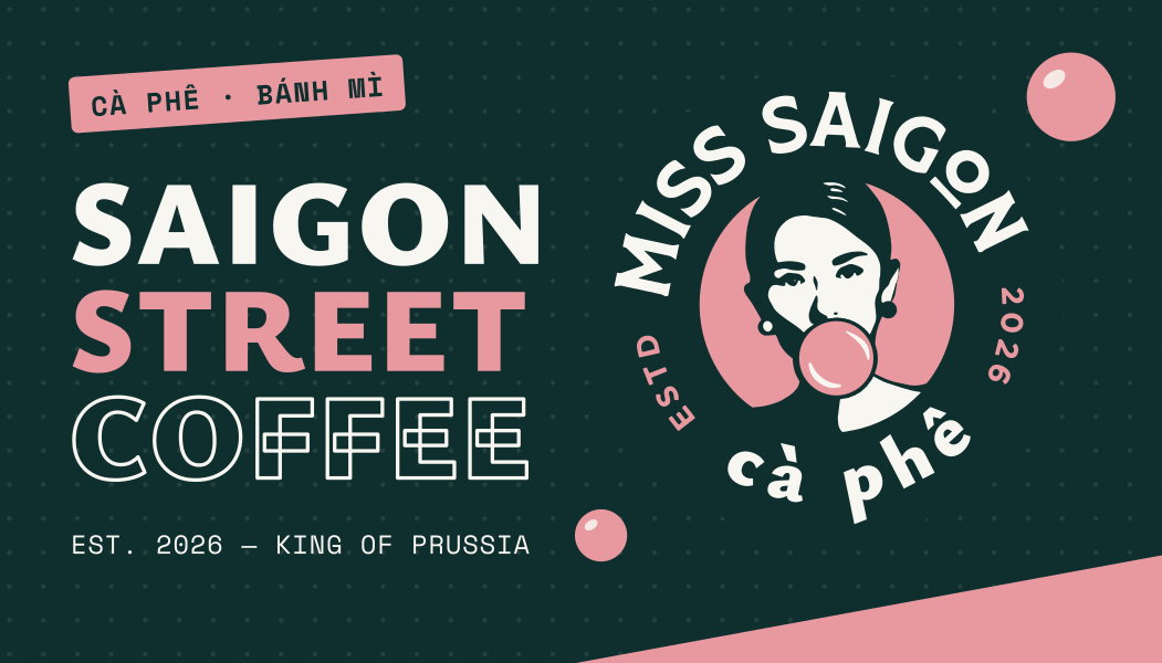 Card A front: green card with SAIGON STREET COFFEE type and the tilted Miss Saigon badge
