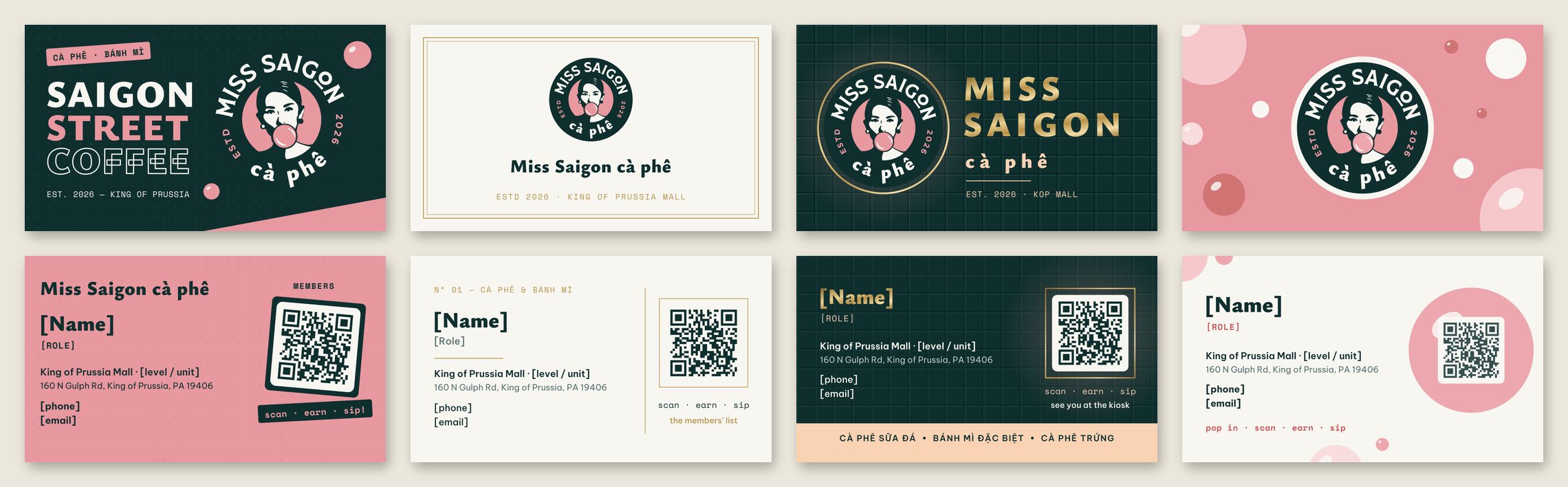 Eight business-card faces: fronts of directions A to D above their backs