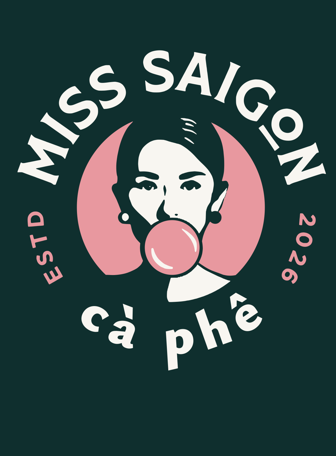 Miss Saigon cà phê — a Saigon woman blowing a pink bubblegum bubble